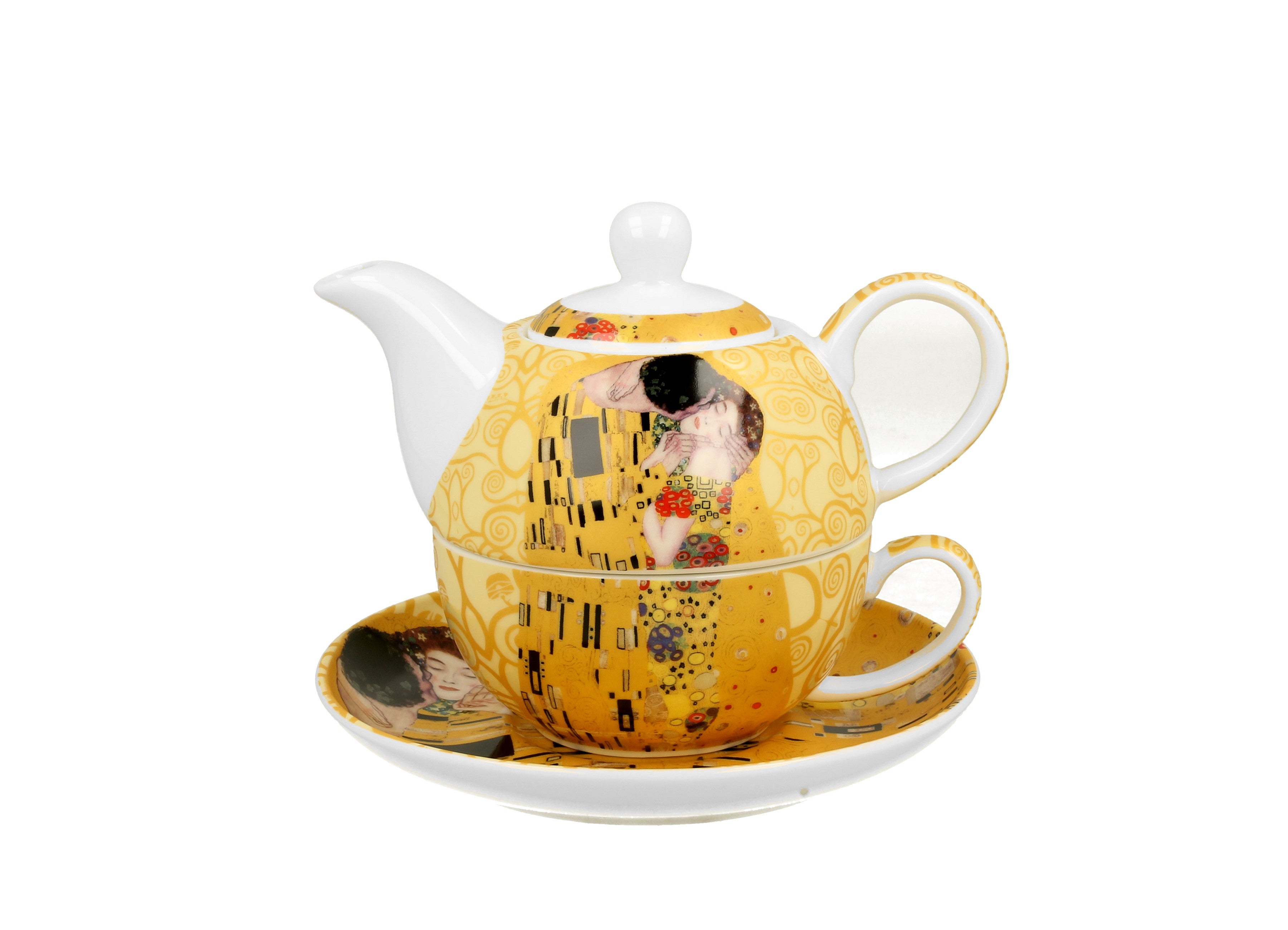 Set pentru ceai The Kiss Ecru, Include ceainic cu ceasca si farfurie, Portelan, 220 ml, Multicolor - Victoria home deco