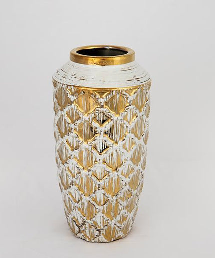 Vaza decorativa, alb-auriu din ceramica, cu model, 13x13x25cm