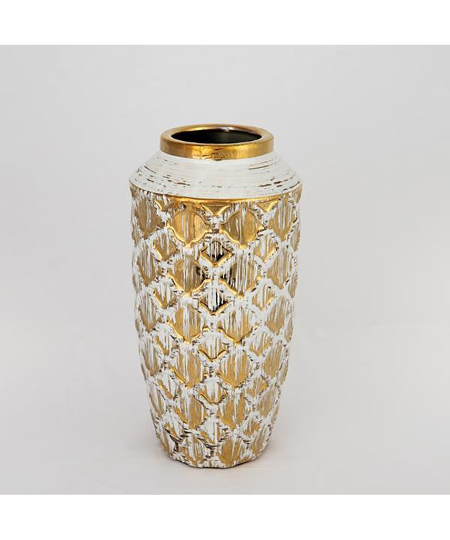 Vaza decorativa, alb-auriu din ceramica, cu model, 13x13x25cm