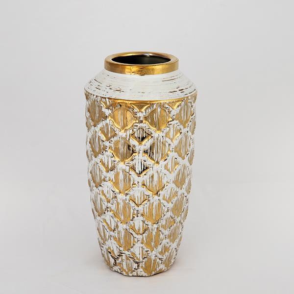 Vaza decorativa, alb-auriu din ceramica, cu model, 13x13x25cm