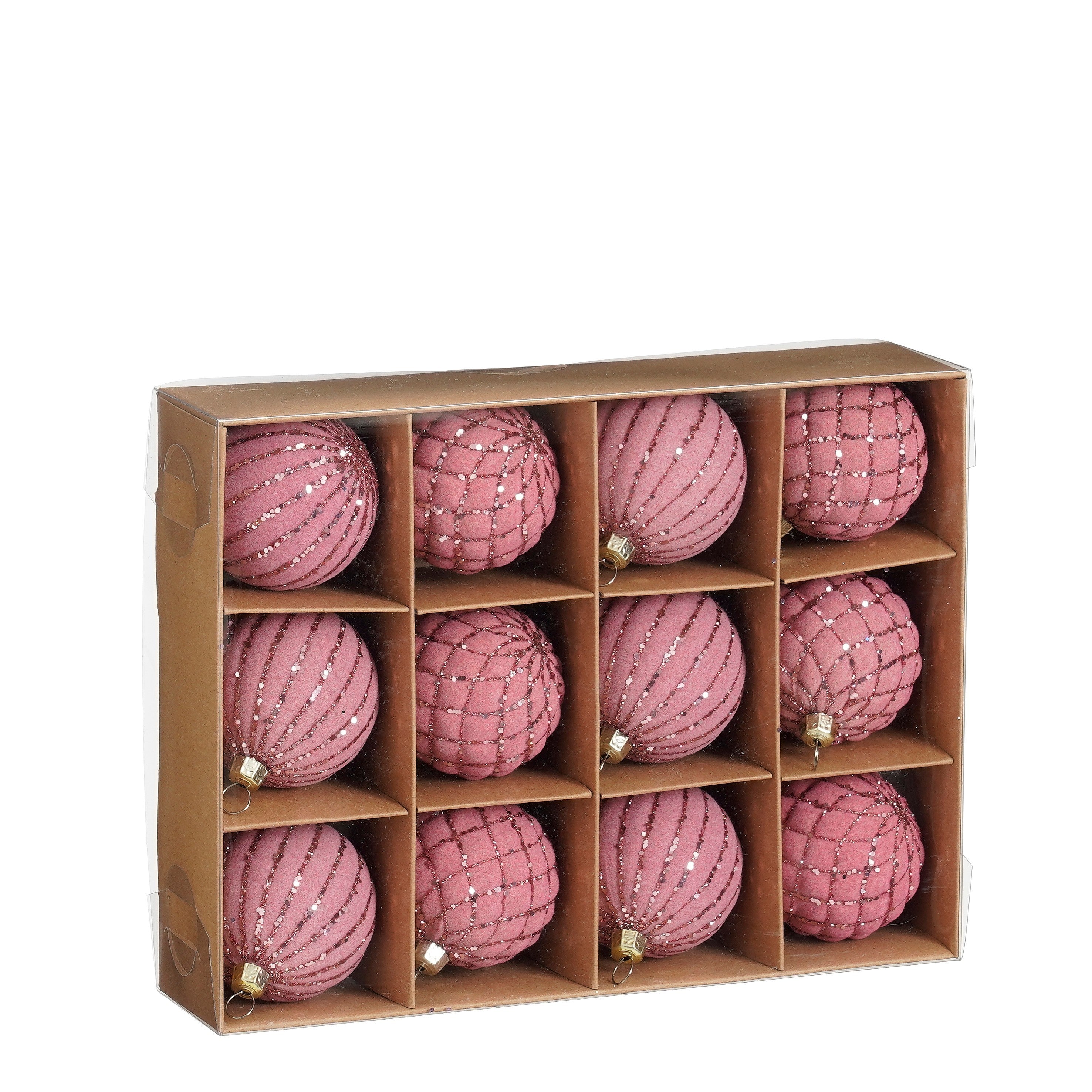 Set 12 globuri roz catifelate de Craciun, diametru 6 cm