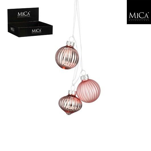 Set de 6 pachete a cate 3 globuri din sticla roz diametru 3, 5cm