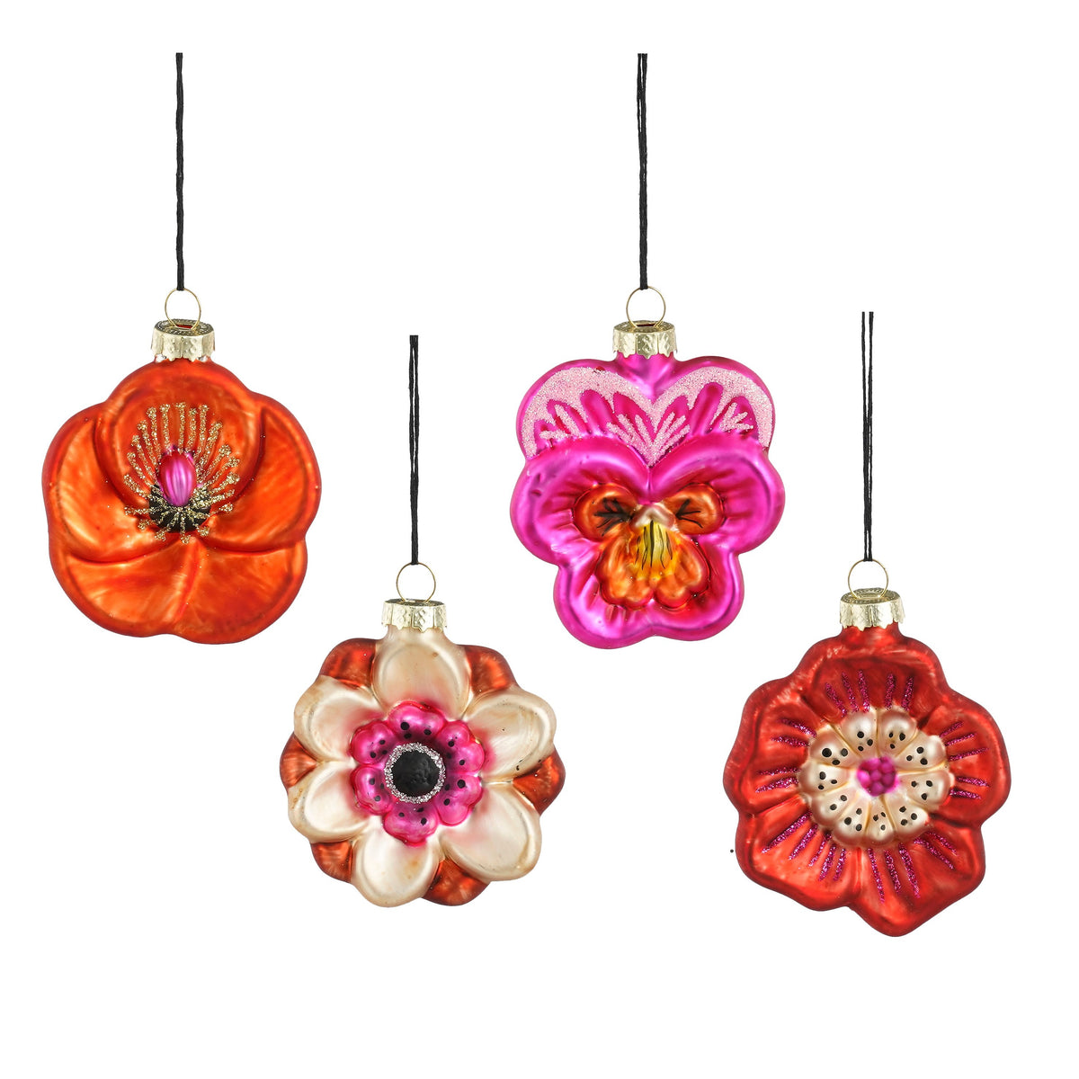 Set de 4 globuri de Craciun, model floare din sticla, modele asortate, multicolor, 7x2, 5cm