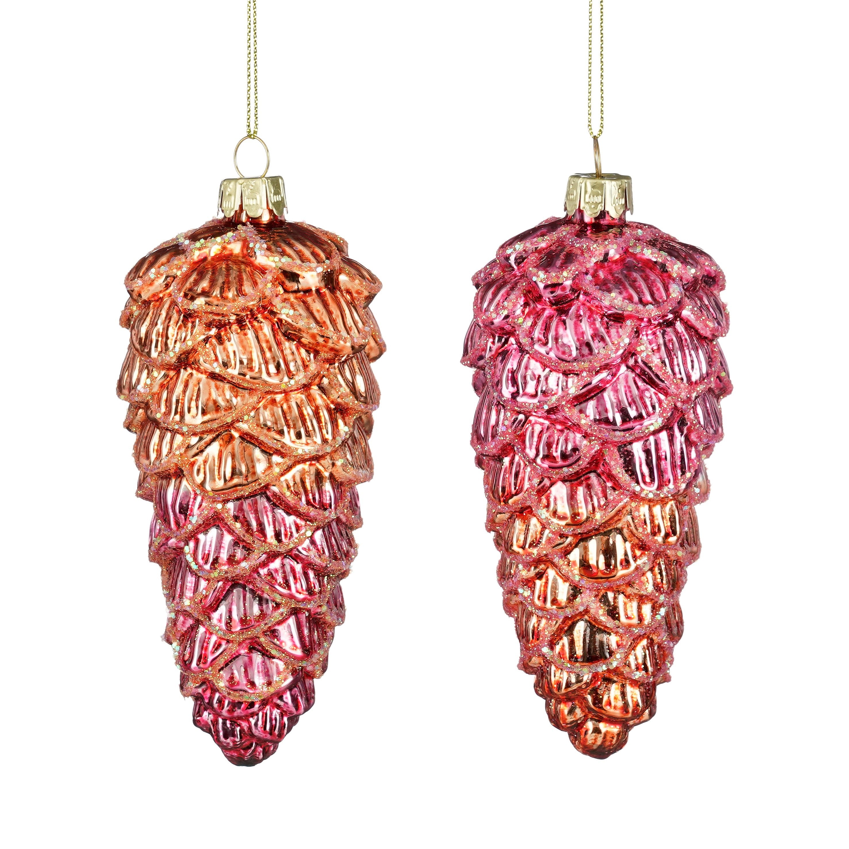 Set de 4 globuri de Craciun, 2 modele asortate, conuri de brad din sticla, 12, 5x6cm