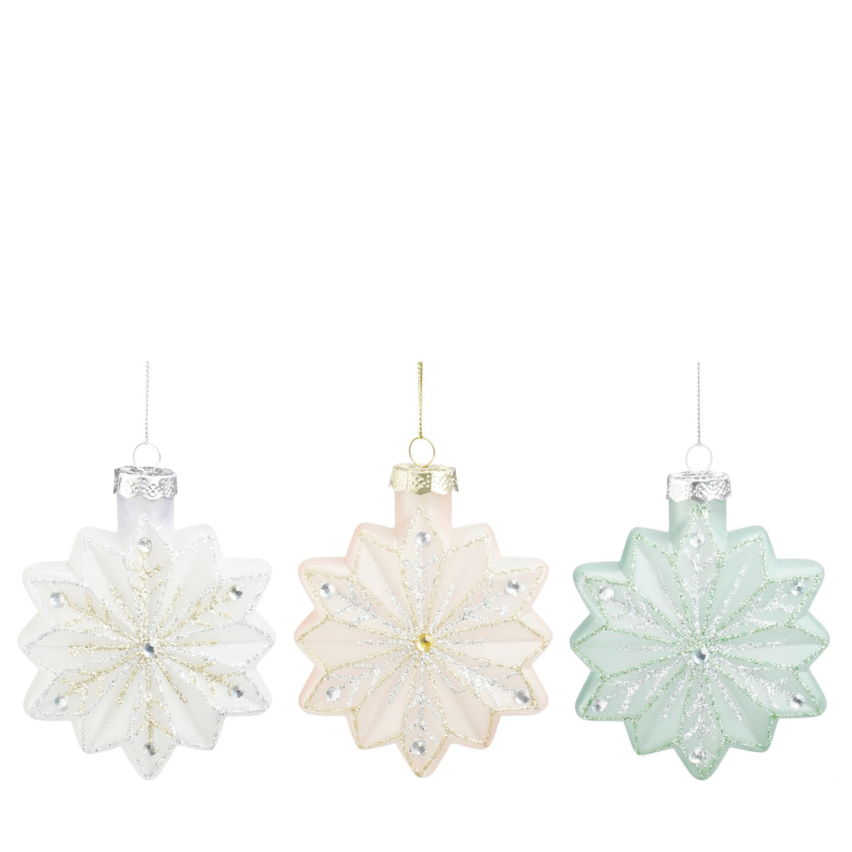 Set de 3 Ornamente fulg de zapada alb-roz-verde, 3 modele asortate, 9, 5x8, 5cm