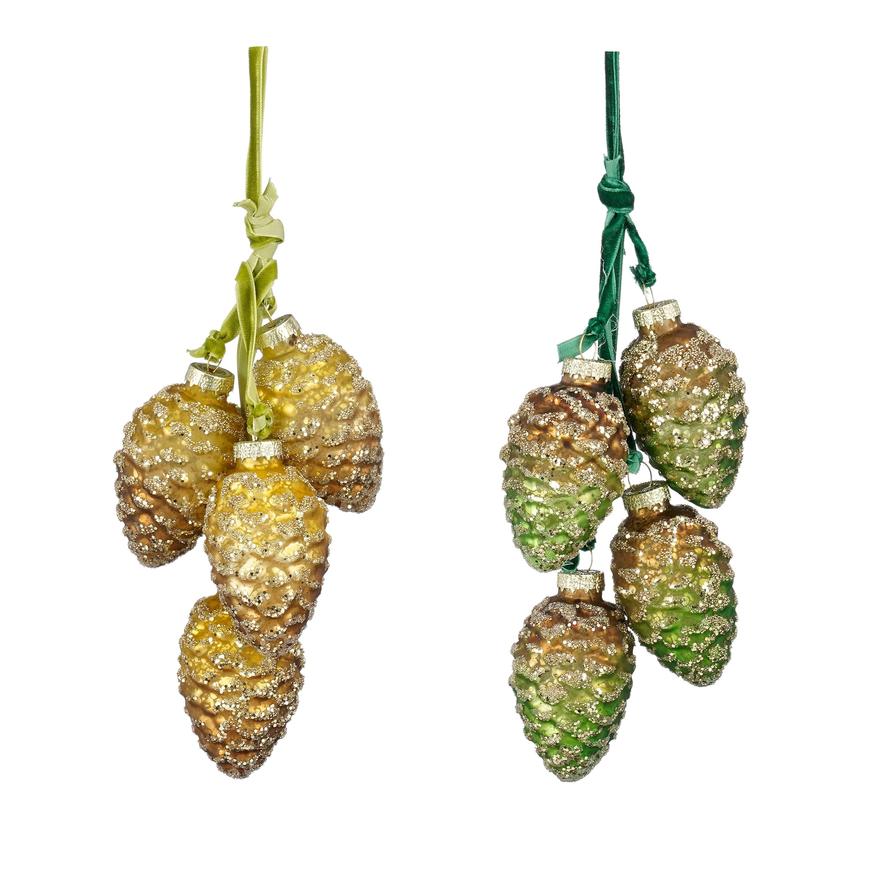 Set de 2 pachete globuri, a cate 4 conuri din sticla, verde/ocru, 18x6, 5 cm