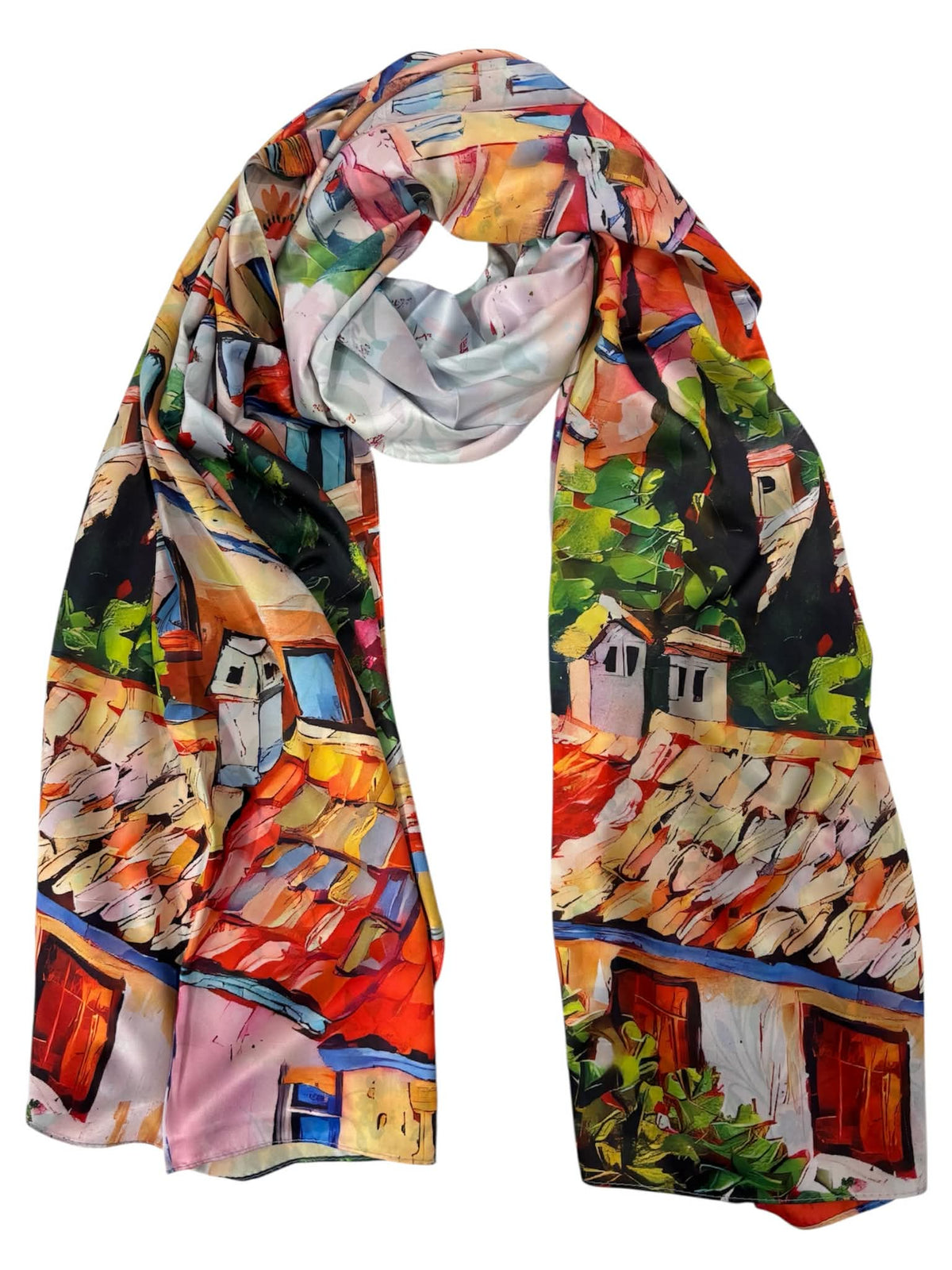 Esarfa tip sal doua fete pictata , matase, multicolora, 180x70cm