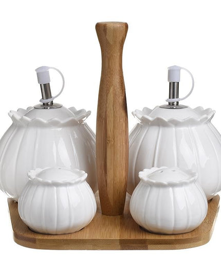 Oliviera din portelan cu suport din bambus White-Brown 20 x 17 x 17 cm - Victoria home deco