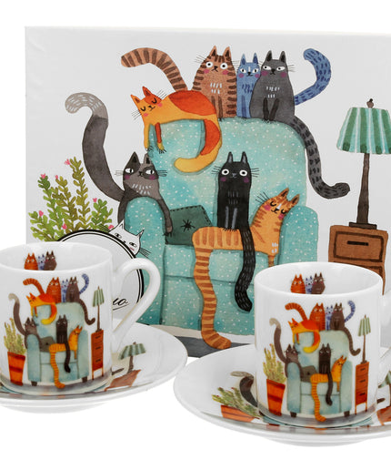 Set 2 cesti espresso cu farfurioare, Fotoliul Pisicilor, 100 ml, multicolor - Victoria home deco