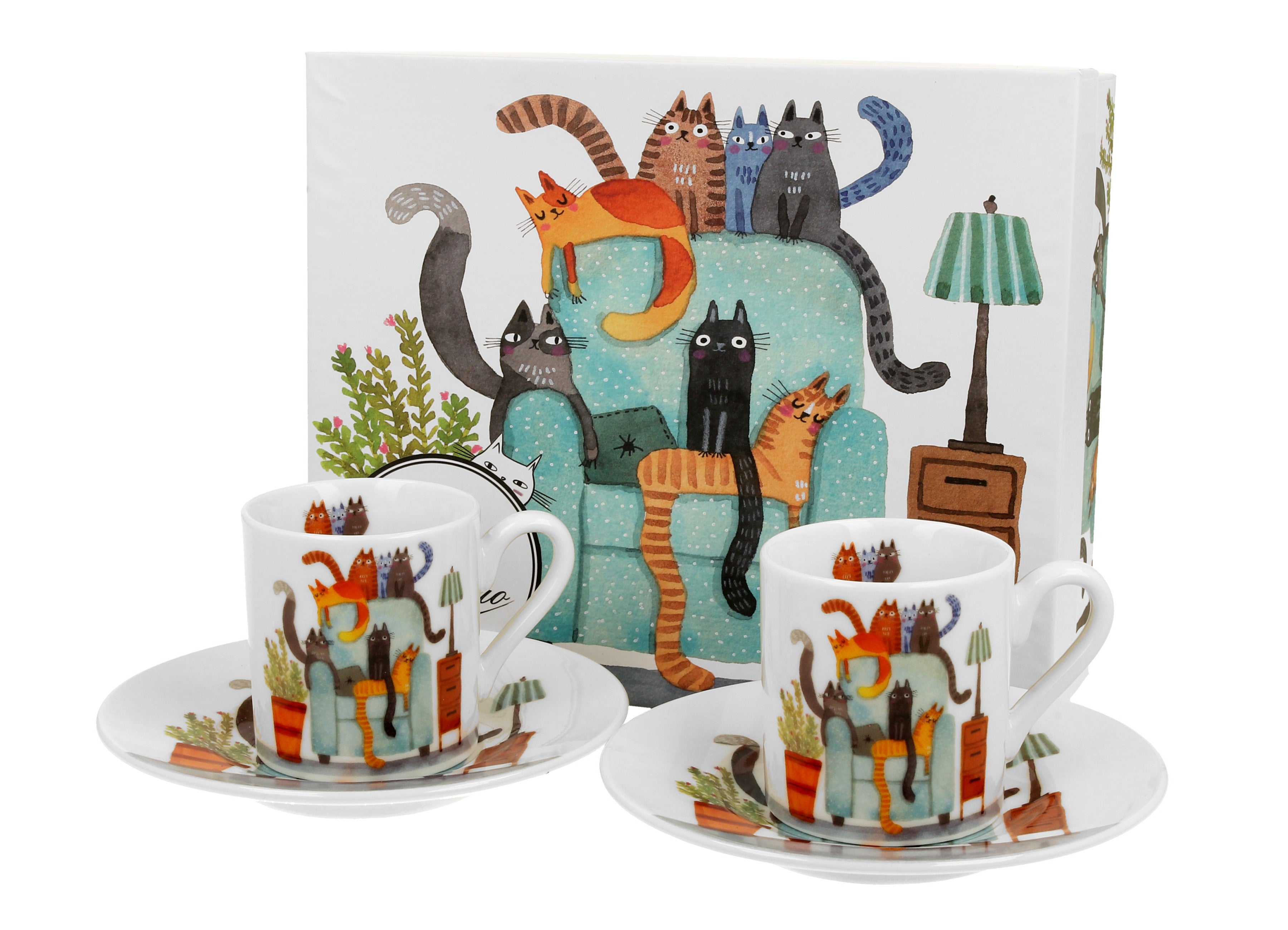 Set 2 cesti espresso cu farfurioare, Fotoliul Pisicilor, 100 ml, multicolor - Victoria home deco