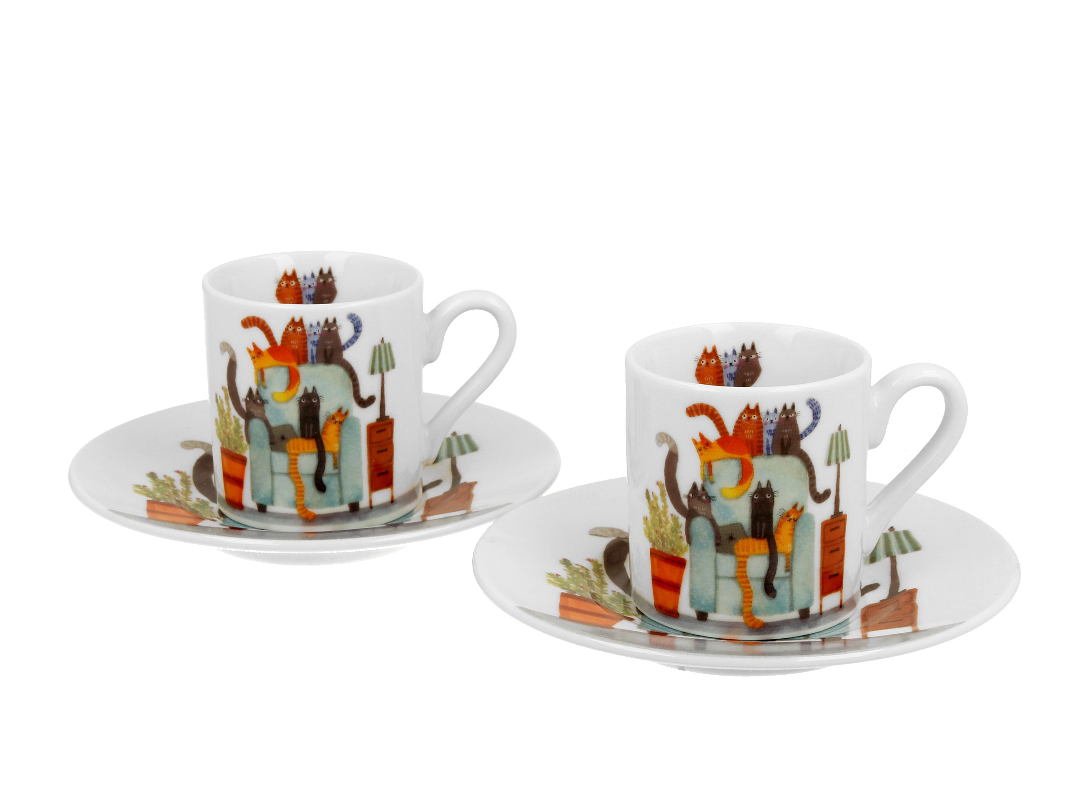 Set 2 cesti espresso cu farfurioare, Fotoliul Pisicilor, 100 ml, multicolor - Victoria home deco