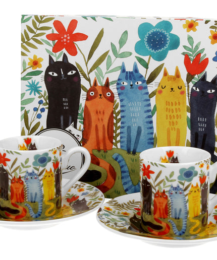Set 2 cesti espresso cu farfurioare, Gradina Pisicilor, 100 ml, multicolor - Victoria home deco