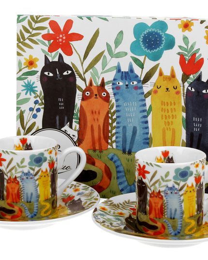 Set 2 cesti espresso cu farfurioare, Gradina Pisicilor, 100 ml, multicolor - Victoria home deco