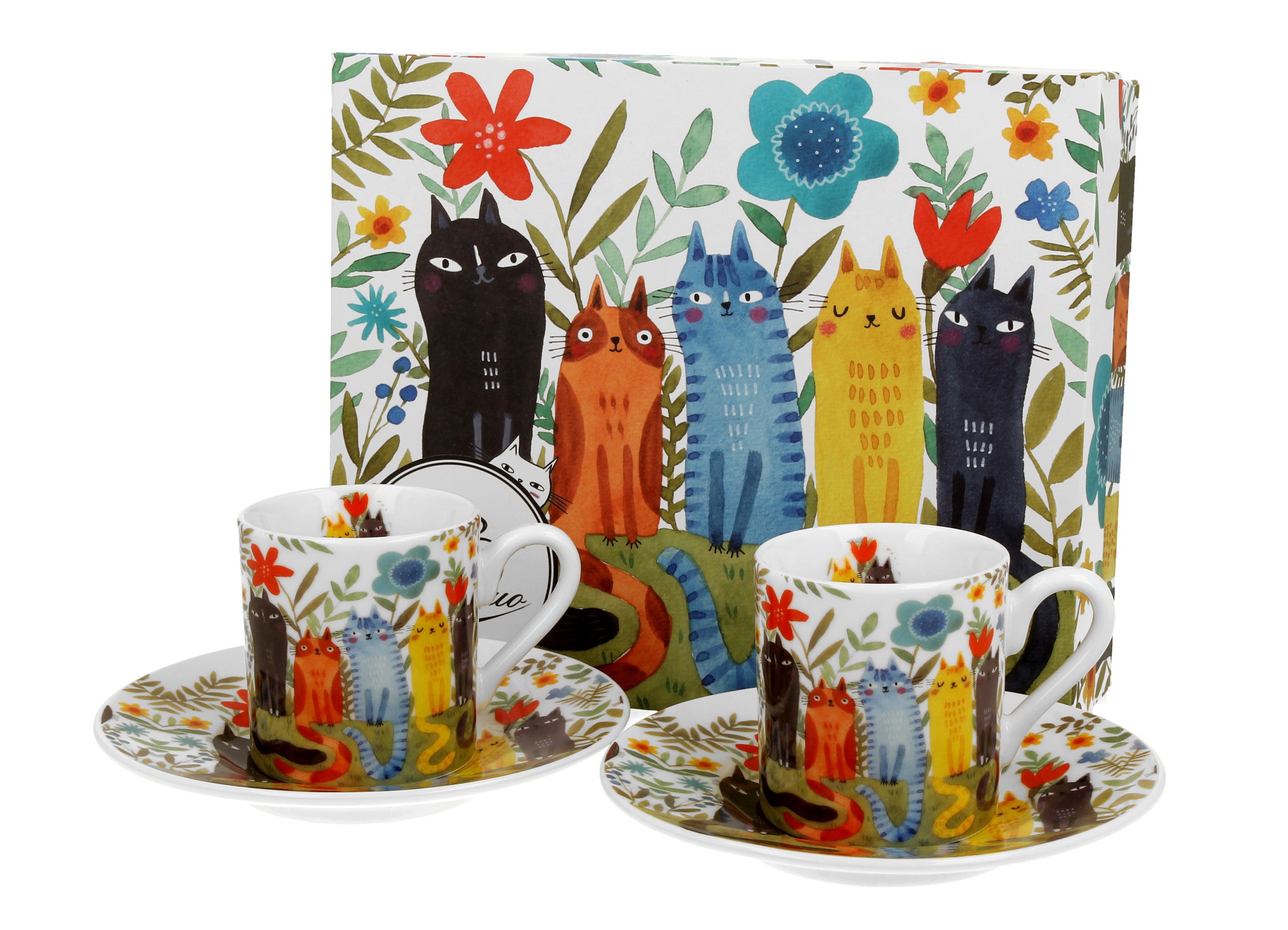 Set 2 cesti espresso cu farfurioare, Gradina Pisicilor, 100 ml, multicolor - Victoria home deco