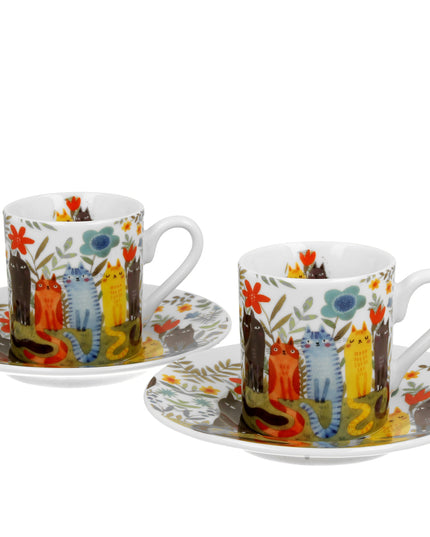 Set 2 cesti espresso cu farfurioare, Gradina Pisicilor, 100 ml, multicolor - Victoria home deco