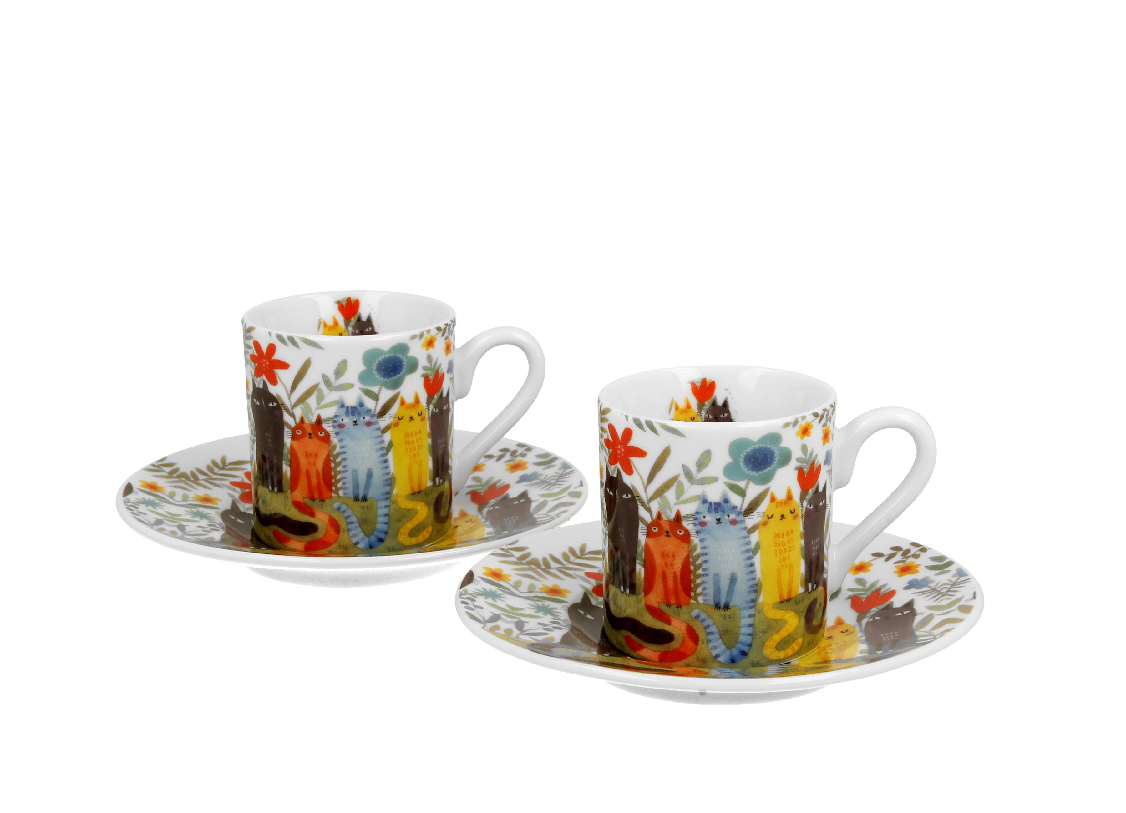 Set 2 cesti espresso cu farfurioare, Gradina Pisicilor, 100 ml, multicolor - Victoria home deco