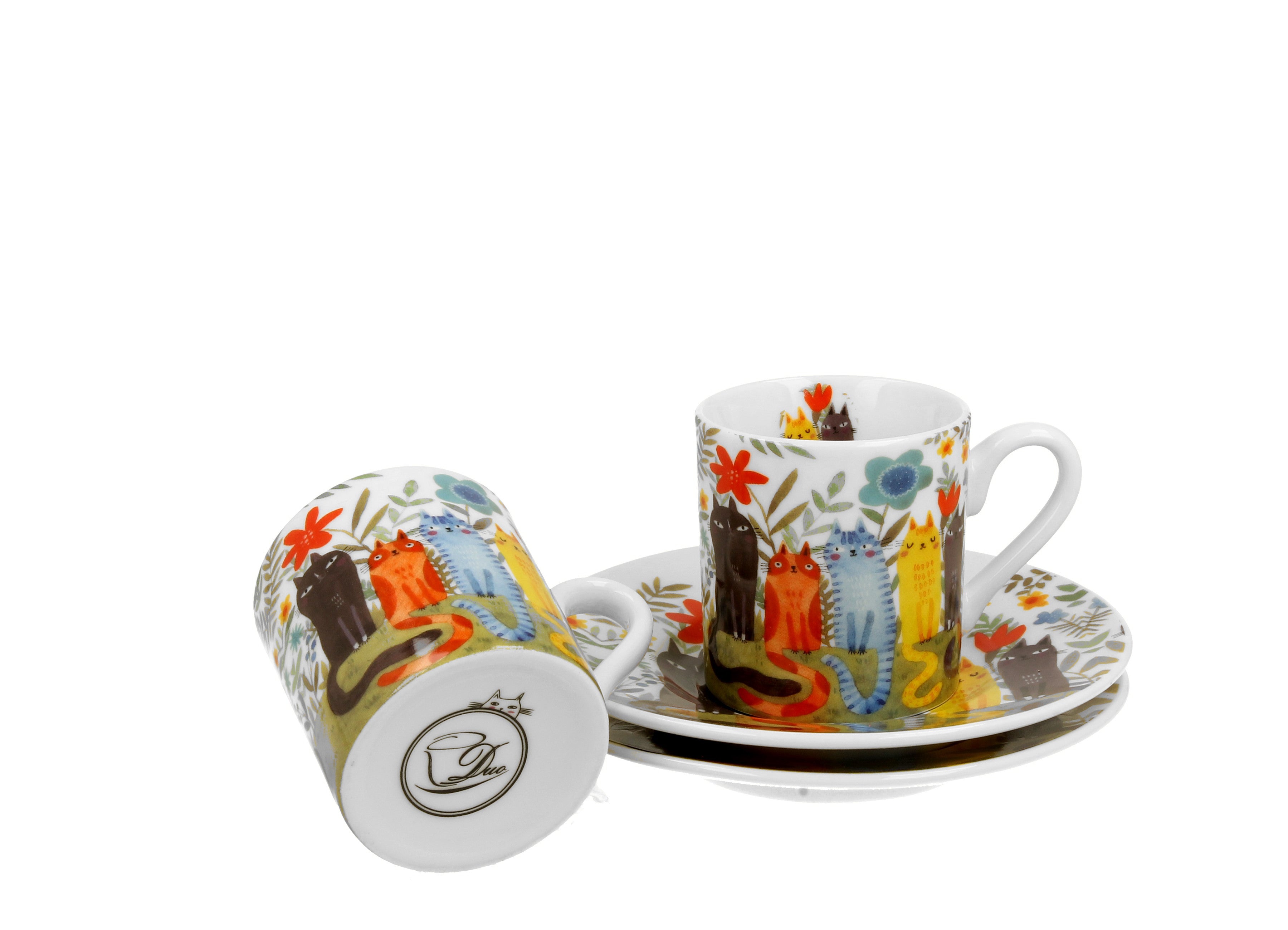 Set 2 cesti espresso cu farfurioare, Gradina Pisicilor, 100 ml, multicolor - Victoria home deco