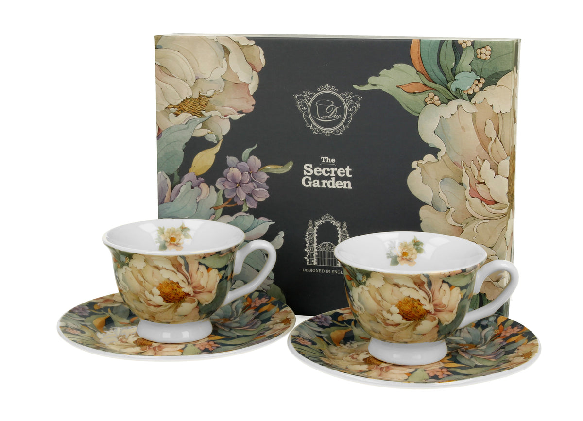 Set 2 cesti espresso cu farfurioare, Bujori albastri, 90 ml, multicolor