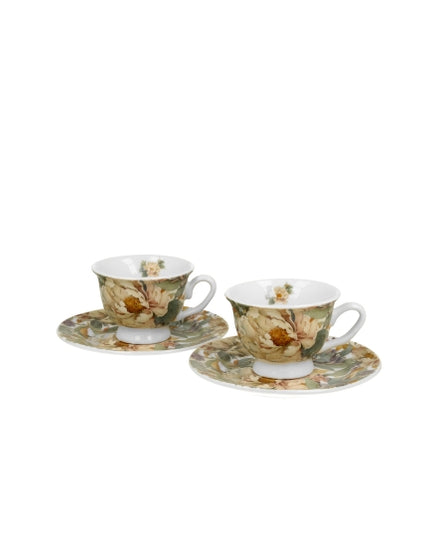 Set 2 cesti espresso cu farfurioare, Bujori albi, 90 ml, multicolor, DUO