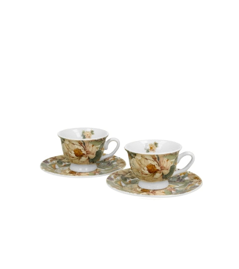 Set 2 cesti espresso cu farfurioare, Bujori albi, 90 ml, multicolor, DUO