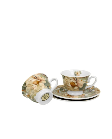 Set 2 cesti espresso cu farfurioare, Bujori albi, 90 ml, multicolor, DUO