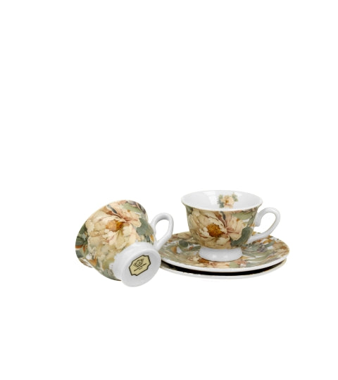 Set 2 cesti espresso cu farfurioare, Bujori albi, 90 ml, multicolor, DUO