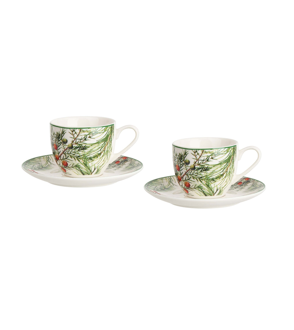 Set 2 cesti espresso cu farfurii, de Craciun, design Christmas Leaves, 90 ml