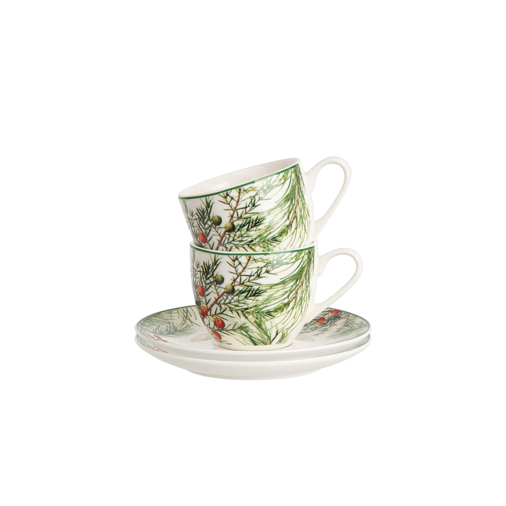 Set 2 cesti espresso cu farfurii, de Craciun, design Christmas Leaves, 90 ml