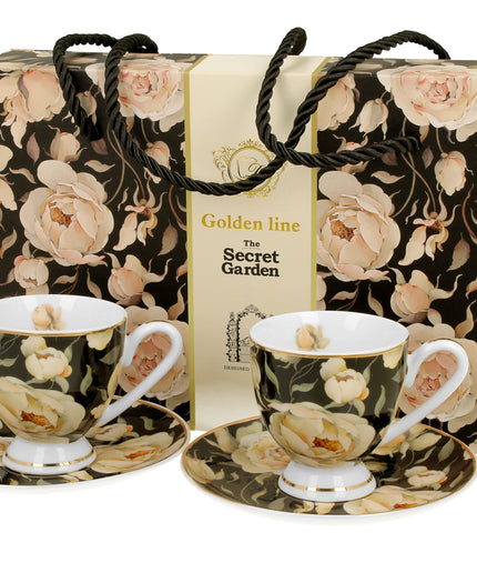 Set 2 cesti espresso cu farfurioare English Roses Black, Golden Line, 90 ml - Victoria home deco