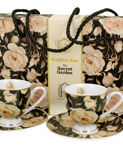 Set 2 cesti espresso cu farfurioare English Roses Black, Golden Line, 90 ml - Victoria home deco