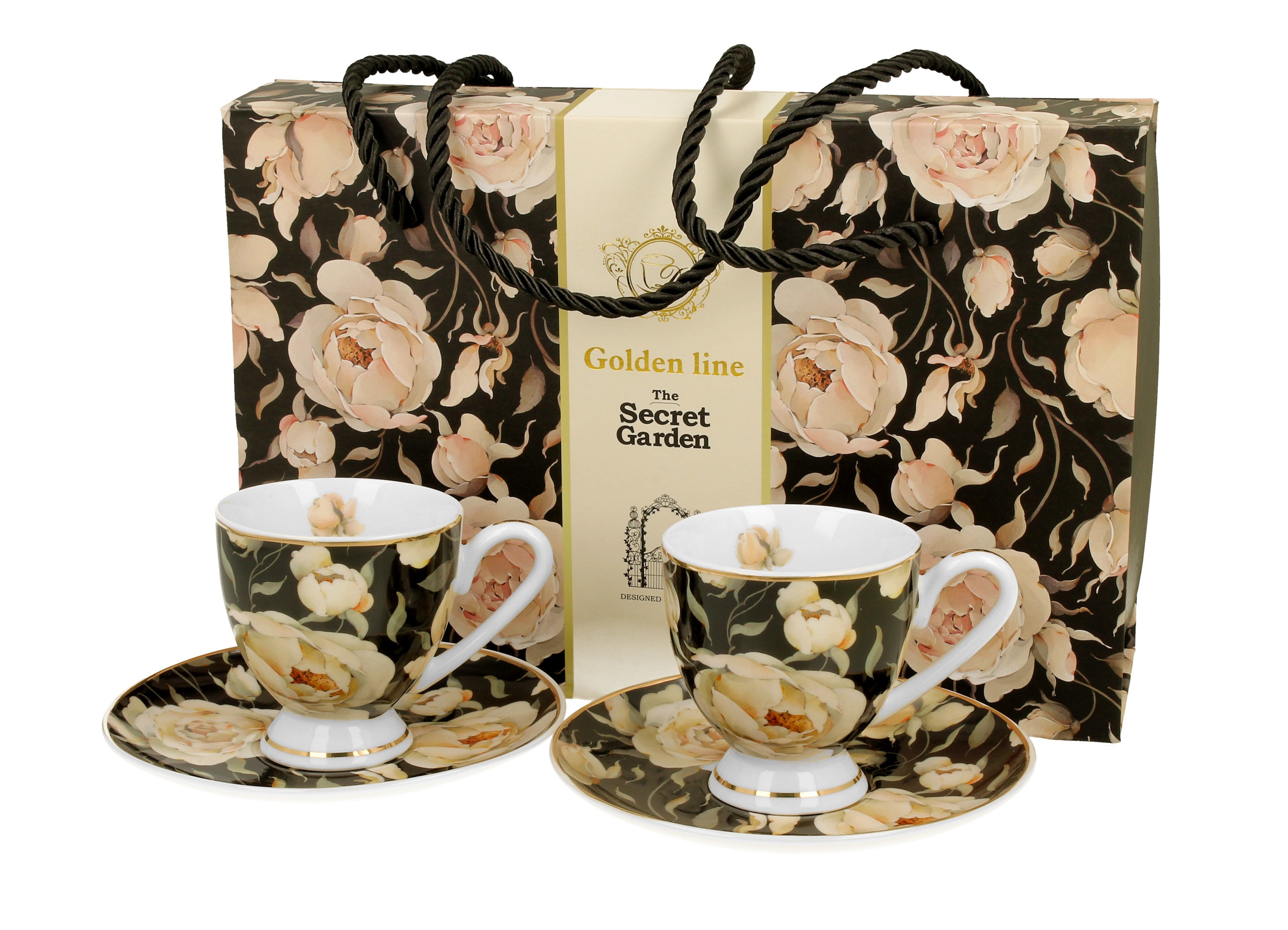 Set 2 cesti espresso cu farfurioare English Roses Black, Golden Line, 90 ml - Victoria home deco