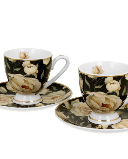 Set 2 cesti espresso cu farfurioare English Roses Black, Golden Line, 90 ml - Victoria home deco