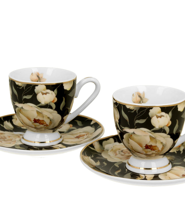 Set 2 cesti espresso cu farfurioare English Roses Black, Golden Line, 90 ml - Victoria home deco