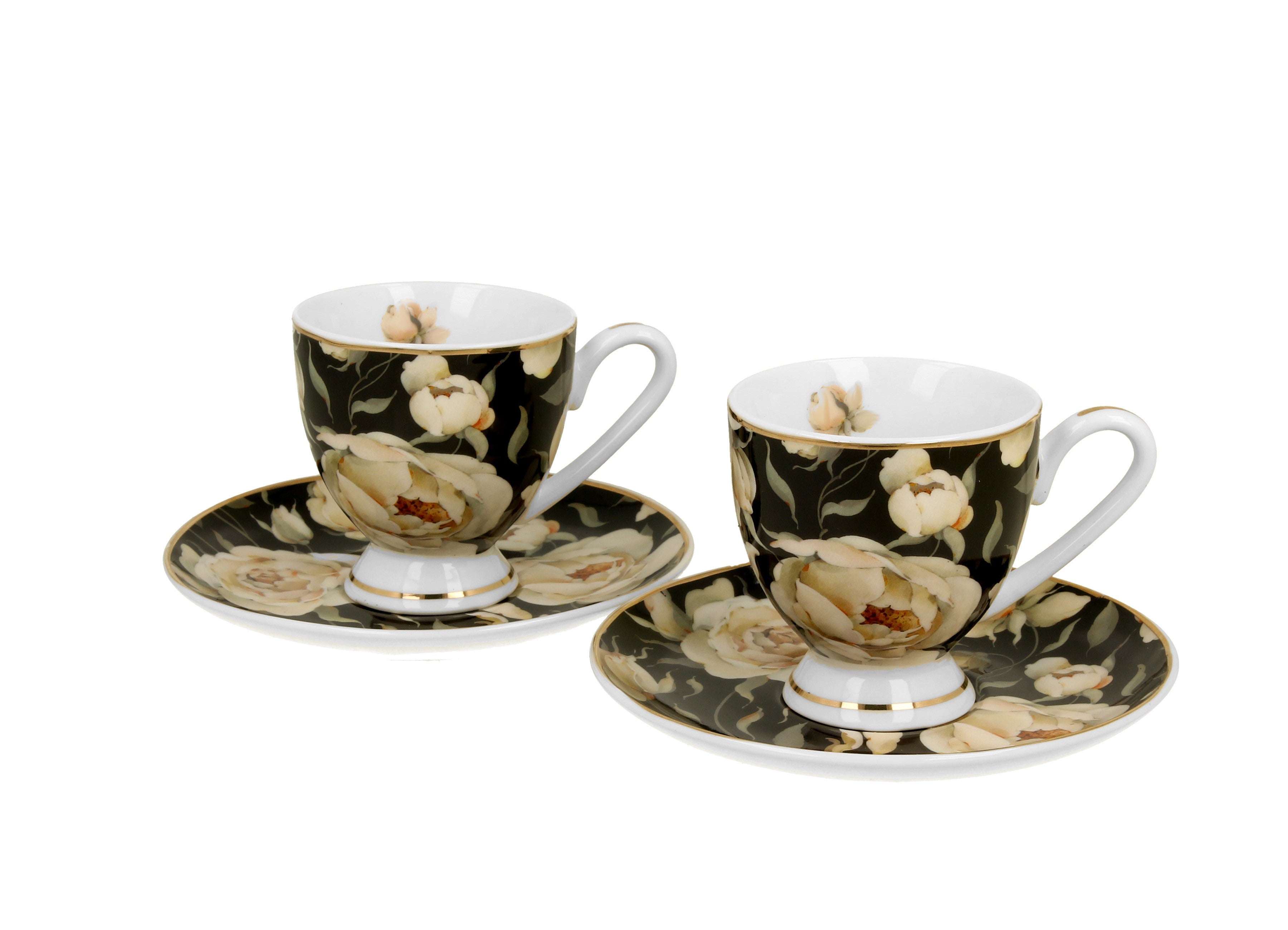 Set 2 cesti espresso cu farfurioare English Roses Black, Golden Line, 90 ml - Victoria home deco
