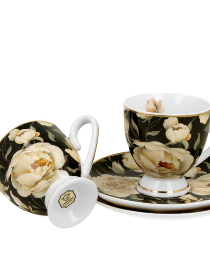 Set 2 cesti espresso cu farfurioare English Roses Black, Golden Line, 90 ml - Victoria home deco