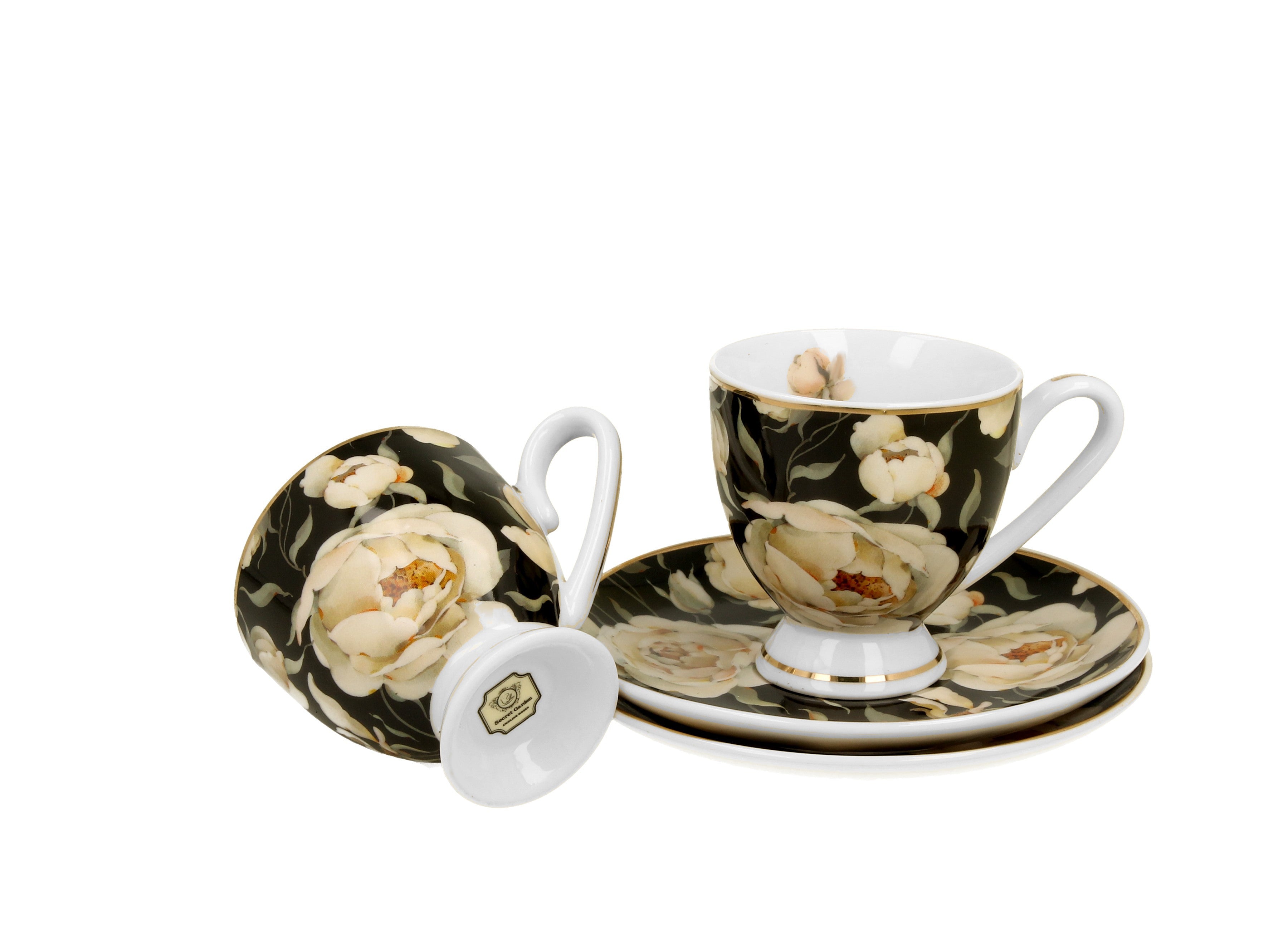Set 2 cesti espresso cu farfurioare English Roses Black, Golden Line, 90 ml - Victoria home deco