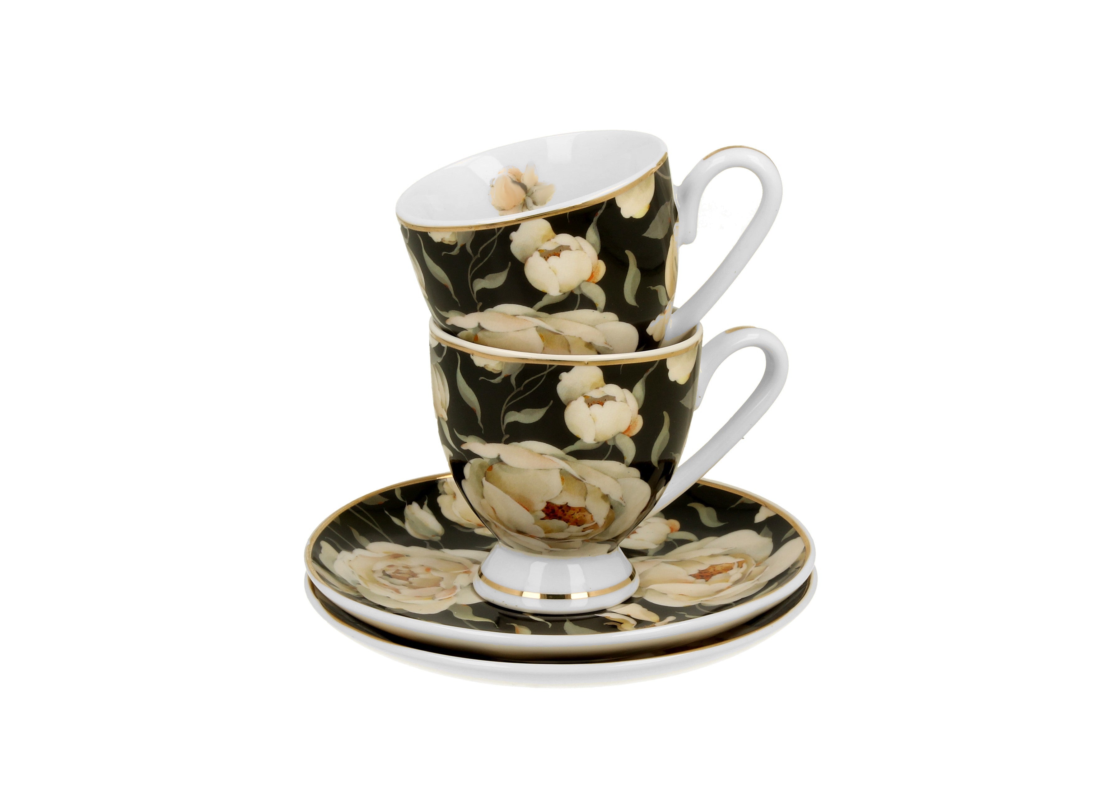 Set 2 cesti espresso cu farfurioare English Roses Black, Golden Line, 90 ml - Victoria home deco