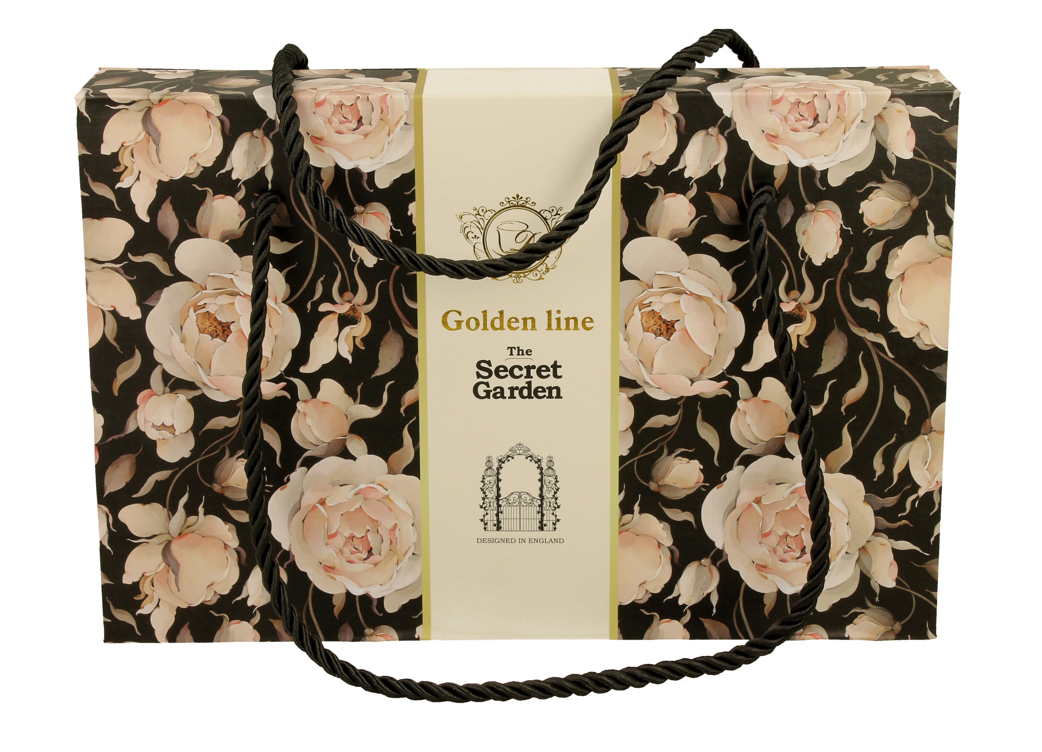 Set 2 cesti espresso cu farfurioare English Roses Black, Golden Line, 90 ml - Victoria home deco