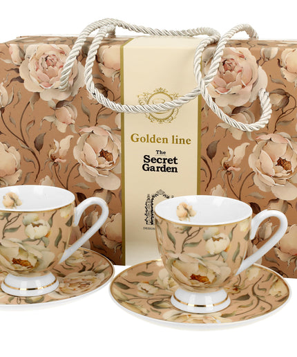 Set 2 cesti espresso cu farfurioare English Roses Cream, Golden Line, 90 ml - Victoria home deco