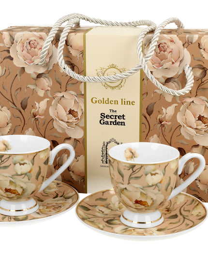 Set 2 cesti espresso cu farfurioare English Roses Cream, Golden Line, 90 ml - Victoria home deco