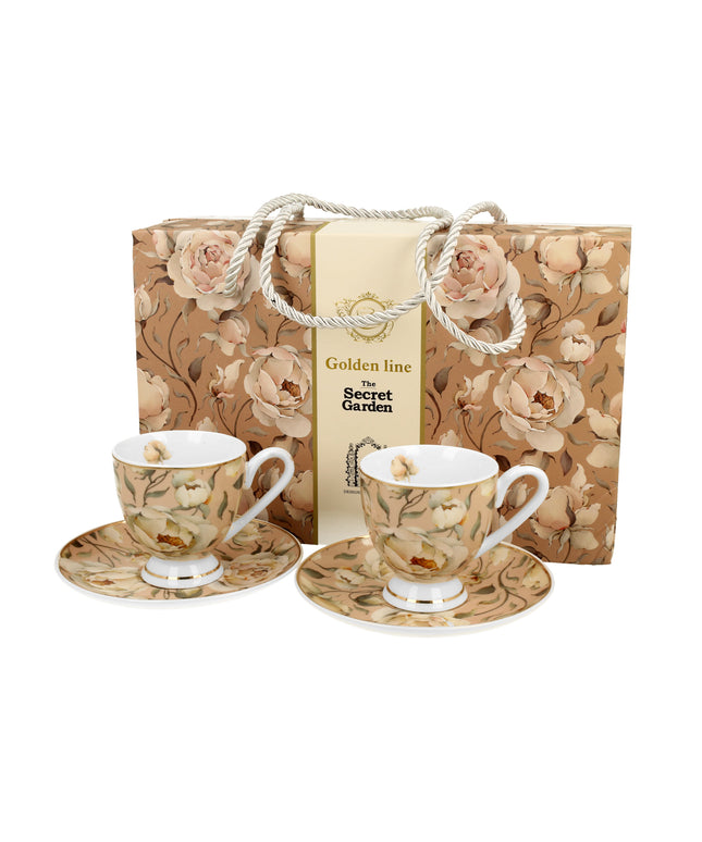 Set 2 cesti espresso cu farfurioare English Roses Cream, Golden Line, 90 ml - Victoria home deco
