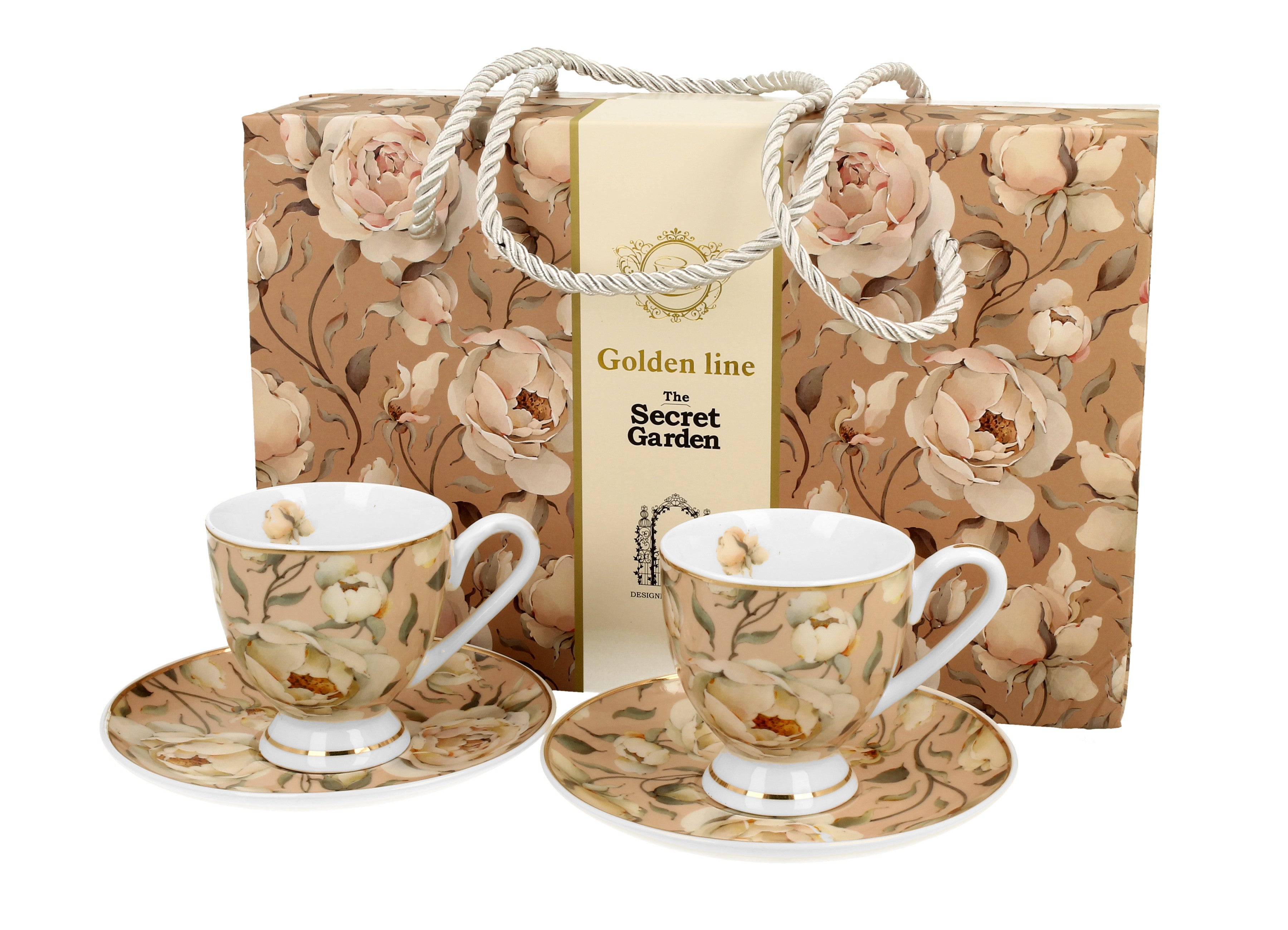 Set 2 cesti espresso cu farfurioare English Roses Cream, Golden Line, 90 ml - Victoria home deco