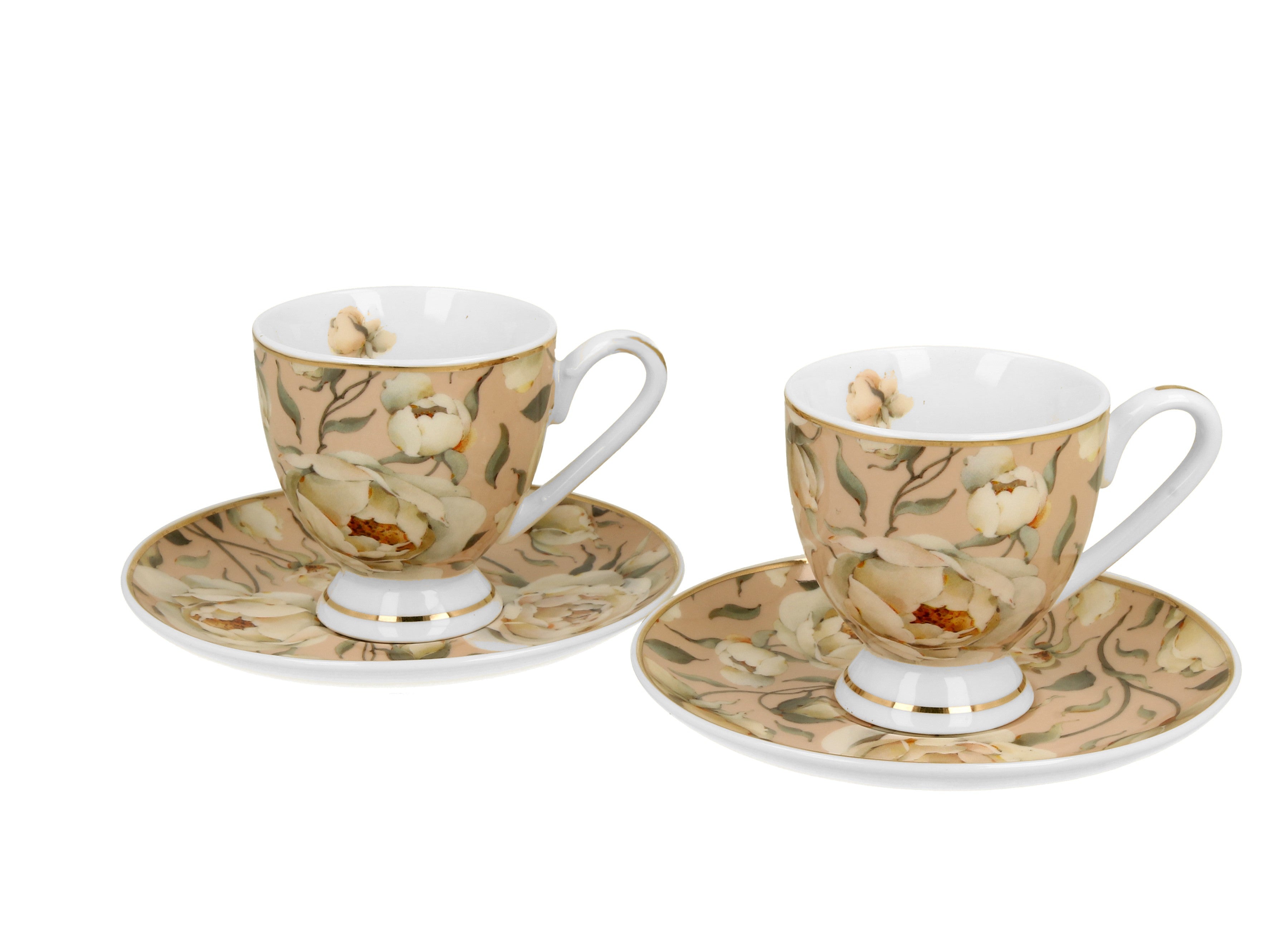 Set 2 cesti espresso cu farfurioare English Roses Cream, Golden Line, 90 ml - Victoria home deco