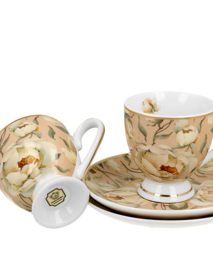 Set 2 cesti espresso cu farfurioare English Roses Cream, Golden Line, 90 ml - Victoria home deco