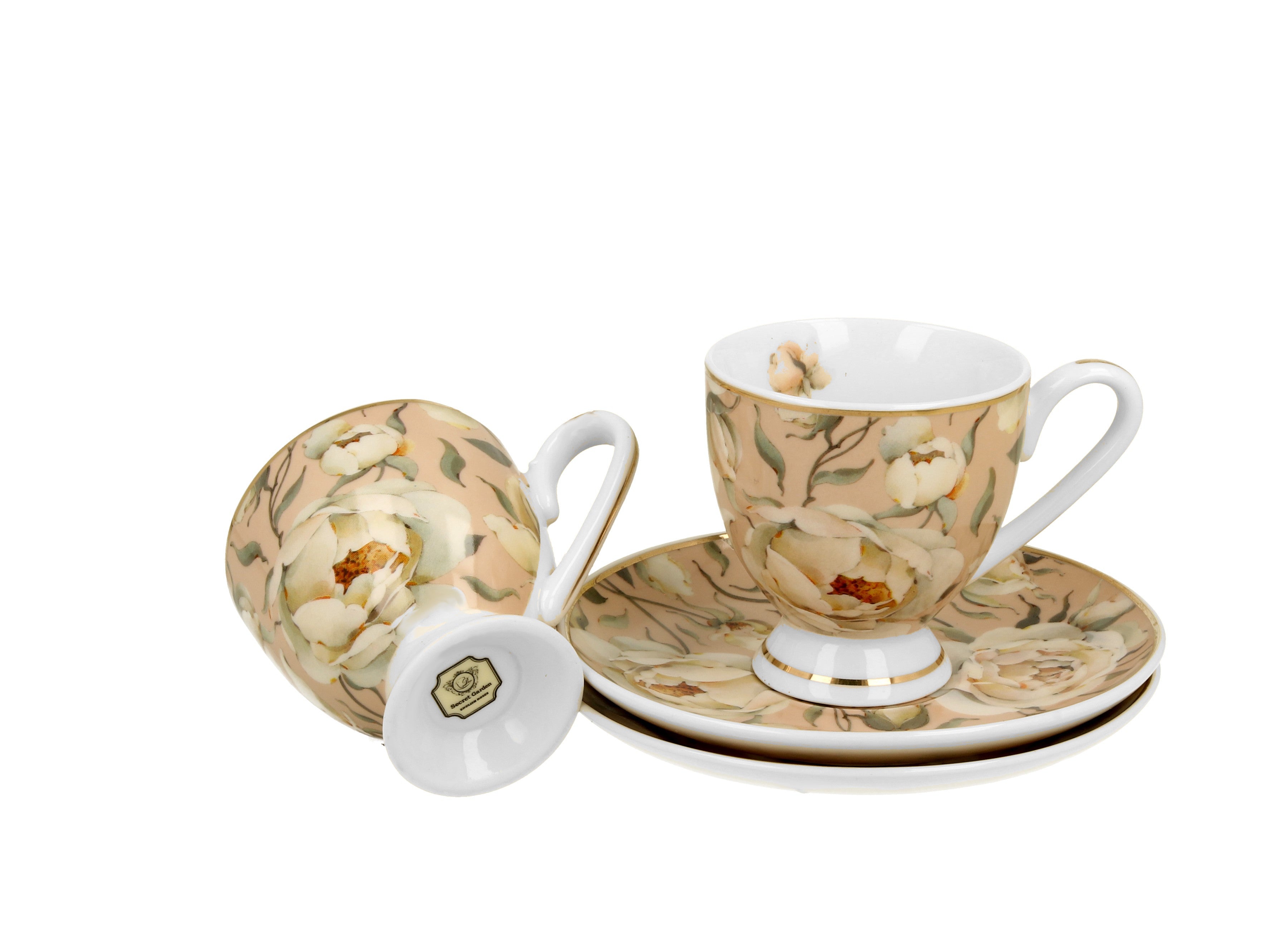 Set 2 cesti espresso cu farfurioare English Roses Cream, Golden Line, 90 ml - Victoria home deco