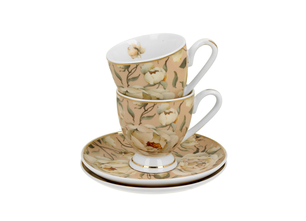 Set 2 cesti espresso cu farfurioare English Roses Cream, Golden Line, 90 ml - Victoria home deco