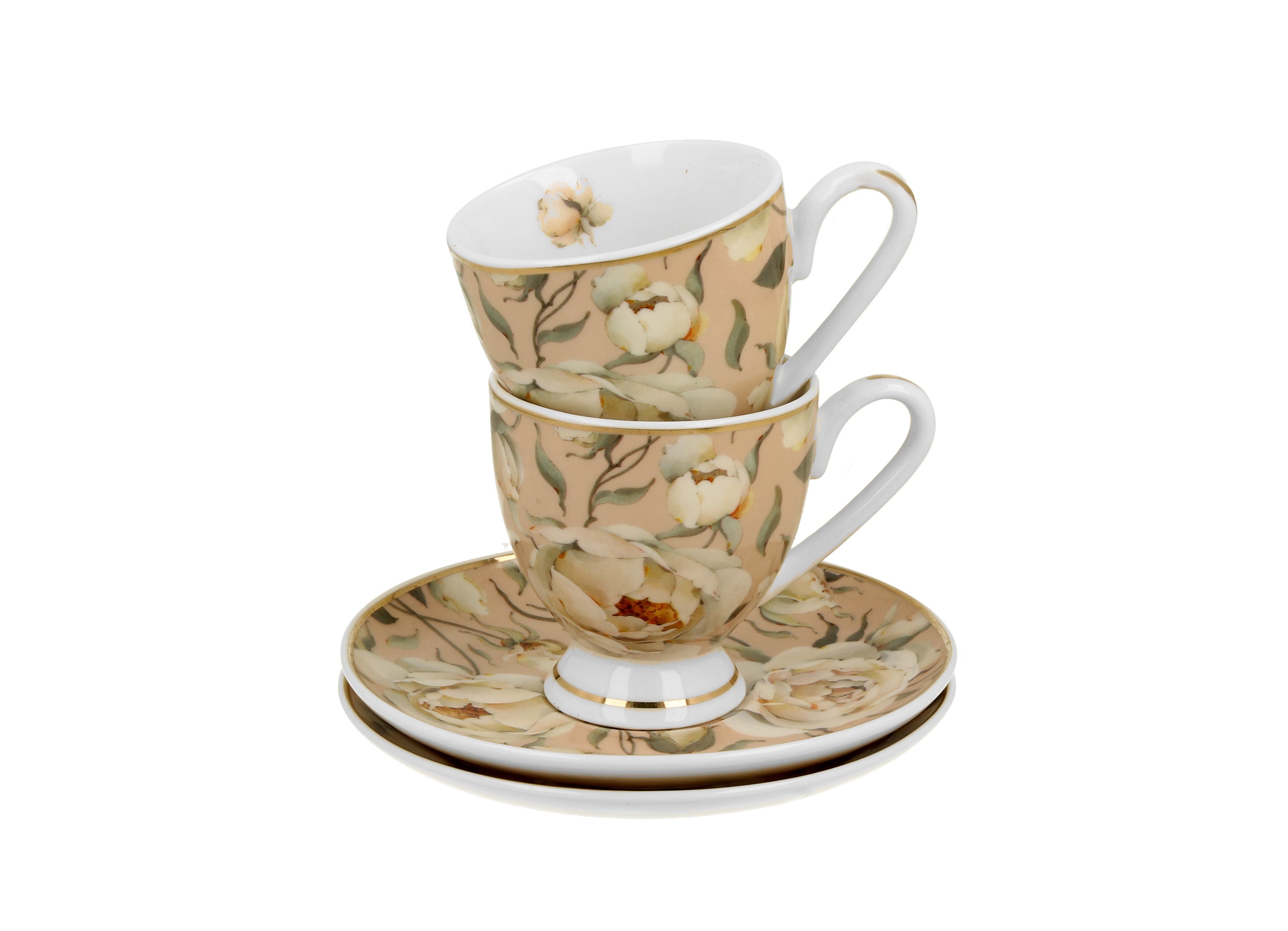 Set 2 cesti espresso cu farfurioare English Roses Cream, Golden Line, 90 ml - Victoria home deco