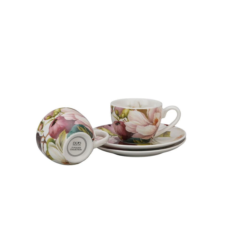 Set de 2 cesti si farfurie espresso, Magnolia, 110 ml
