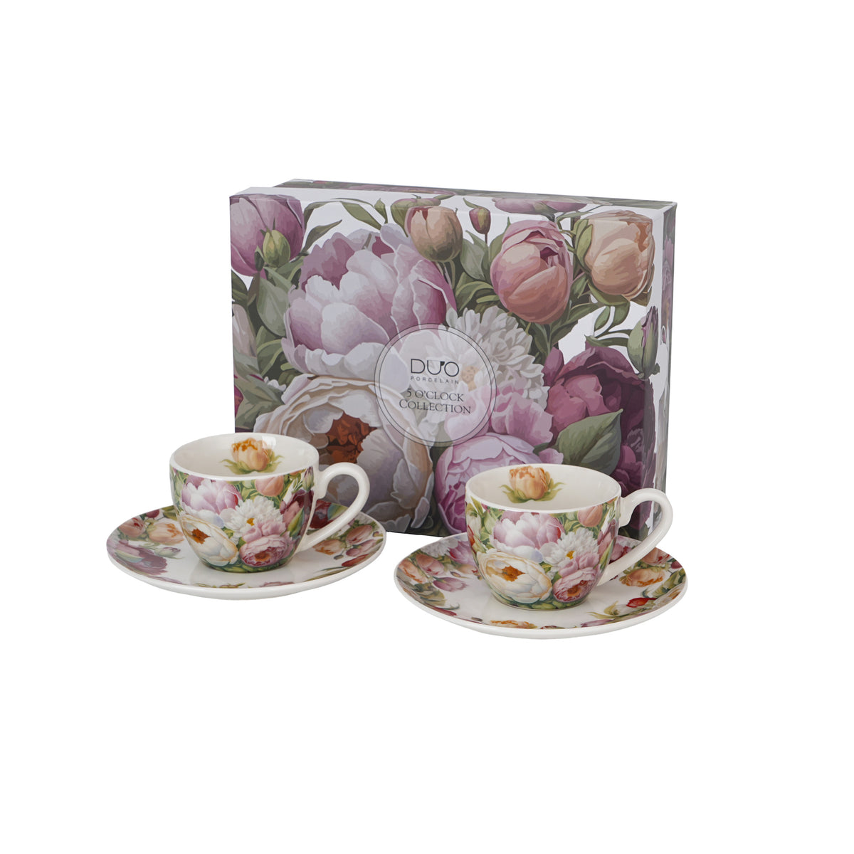Set de 2 cesti si farfurie espresso, Bujori roz, 110 ml