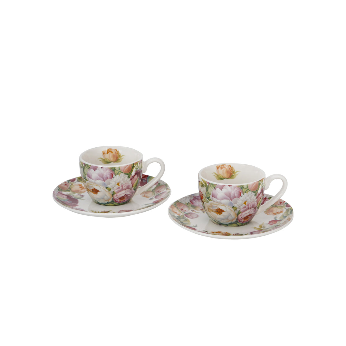 Set de 2 cesti si farfurie espresso, Bujori roz, 110 ml